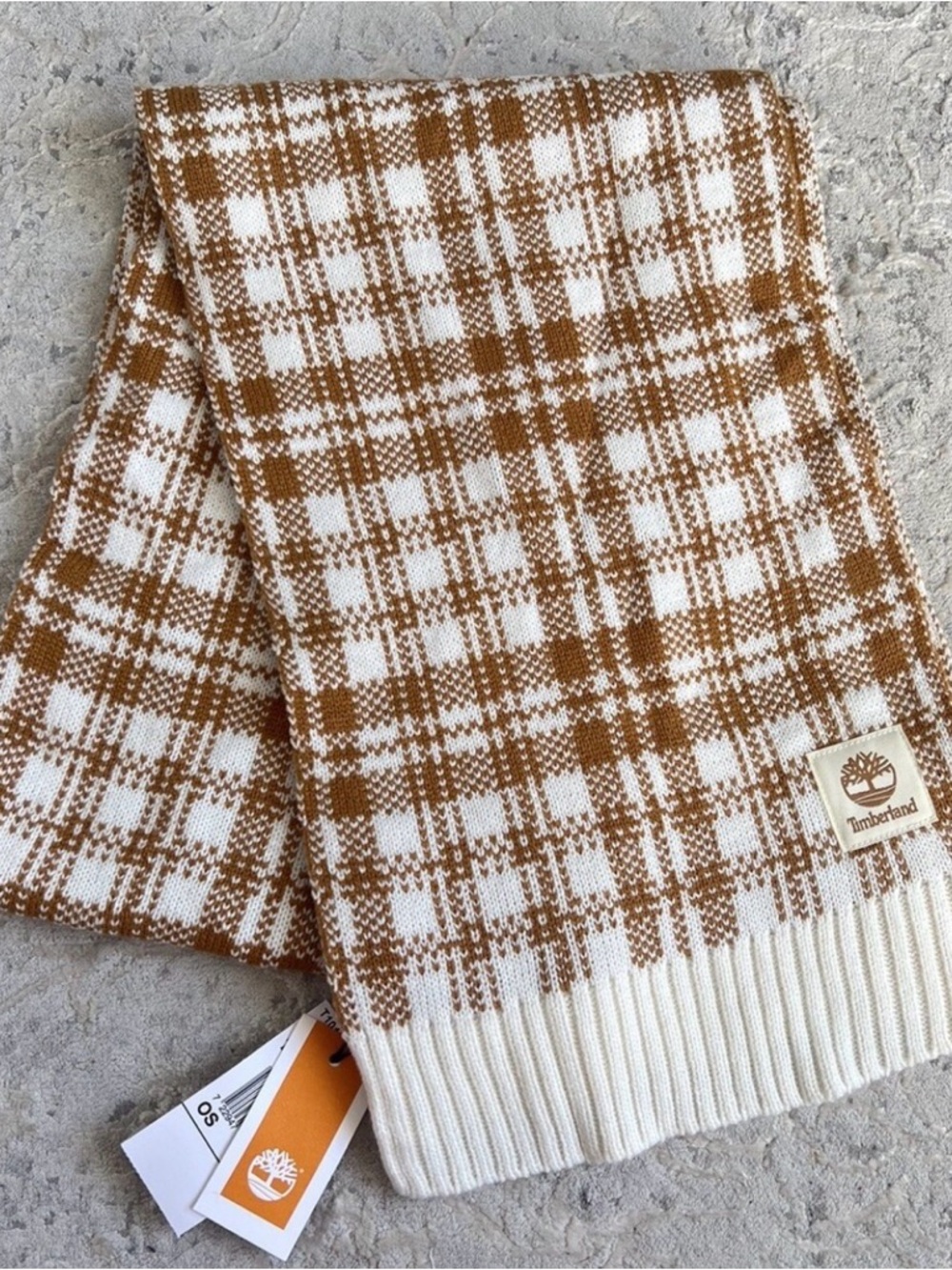 Timberland Camel and Cream Plaid Knit Scarf
